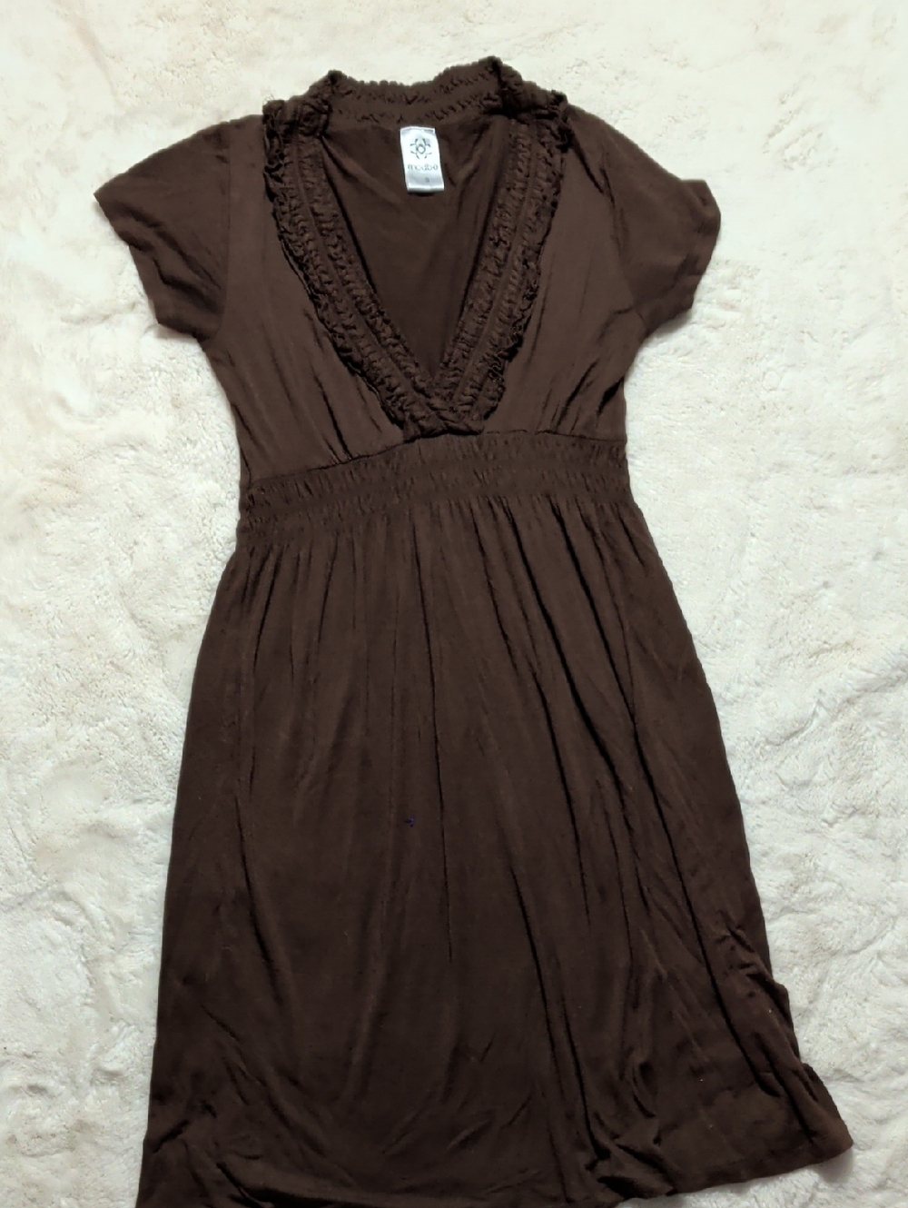 Women's Brown V-Neck Ruffle Trim Midi Dress
